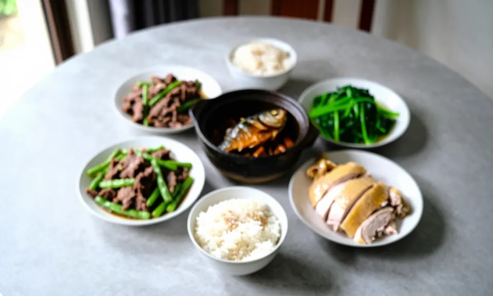 Bữa cơm nhà gồm thịt bò xào đậu, cơm trắng, cá kho tộ, rau luộc và ức gà luộc